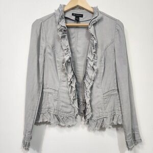 INC 100% Linen Ruffle Zip Jacket small Boho Pirate Romantic Raw Hem Blazer Gray